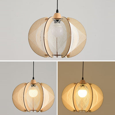 Traditional Japanese Round Birdcage Shape Wooden Hemp Rope 1-Light Pendant Light For Living Room