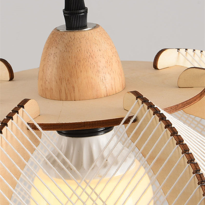 Traditional Japanese Round Birdcage Shape Wooden Hemp Rope 1-Light Pendant Light For Living Room