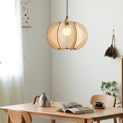 Traditional Japanese Round Birdcage Shape Wooden Hemp Rope 1-Light Pendant Light For Living Room