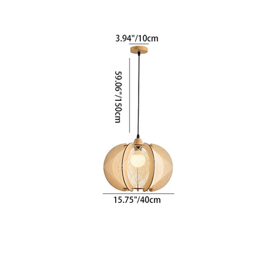 Traditional Japanese Round Birdcage Shape Wooden Hemp Rope 1-Light Pendant Light For Living Room