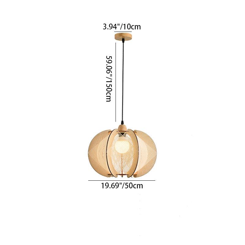 Traditional Japanese Round Birdcage Shape Wooden Hemp Rope 1-Light Pendant Light For Living Room