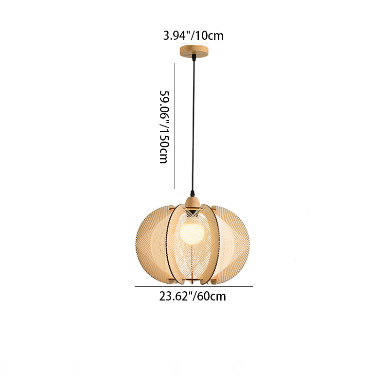 Traditional Japanese Round Birdcage Shape Wooden Hemp Rope 1-Light Pendant Light For Living Room