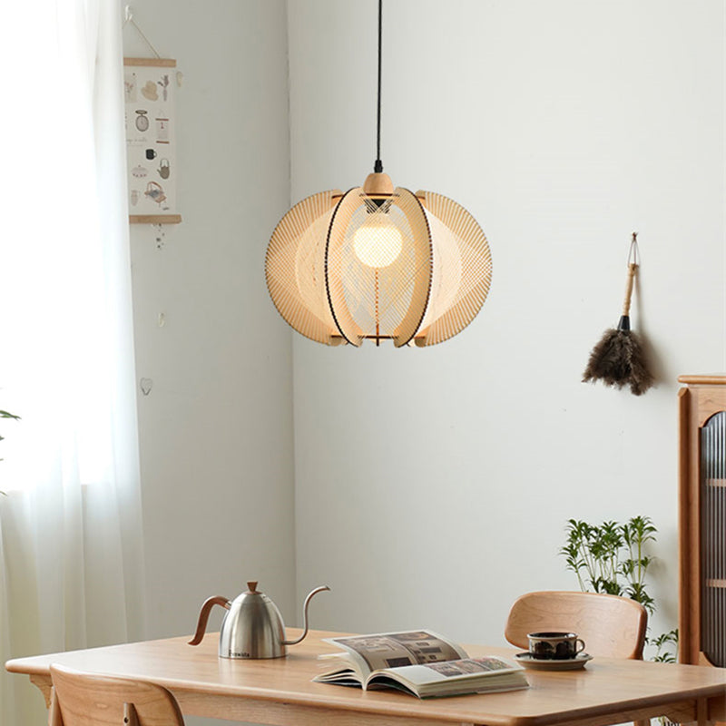 Traditional Japanese Round Birdcage Shape Wooden Hemp Rope 1-Light Pendant Light For Living Room