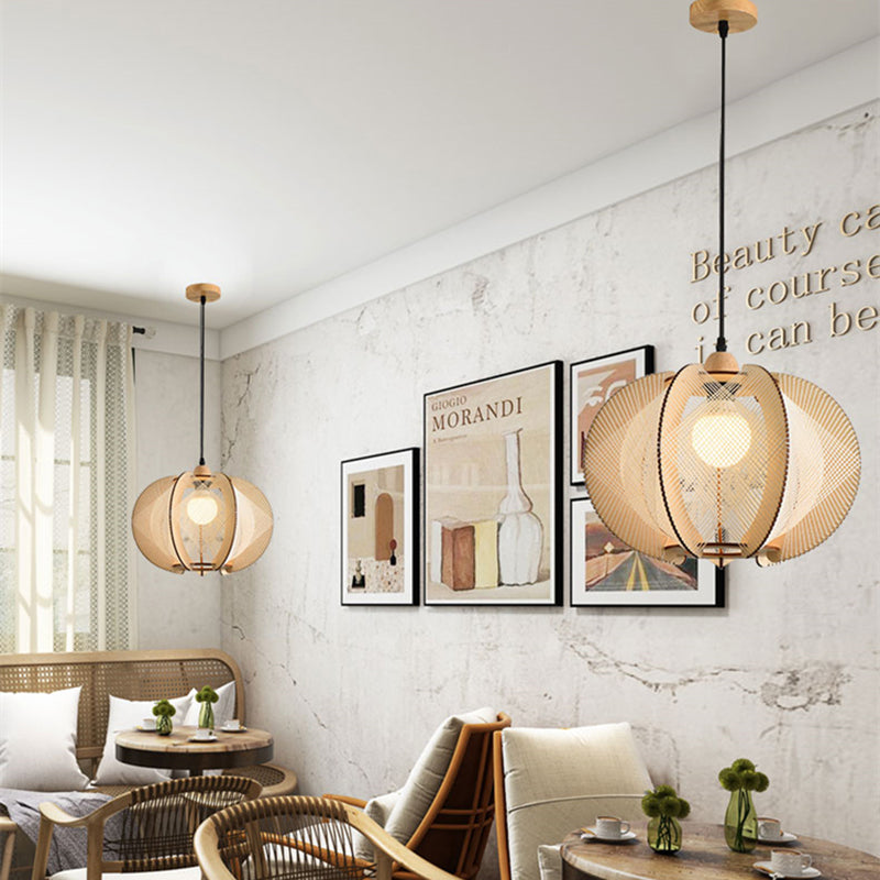 Traditional Japanese Round Birdcage Shape Wooden Hemp Rope 1-Light Pendant Light For Living Room