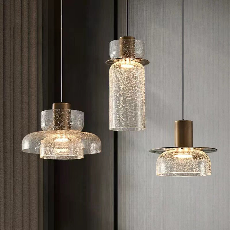 Contemporary Luxury Round Cylinder Crackle Glass Hardware LED Pendant Light For Living Room