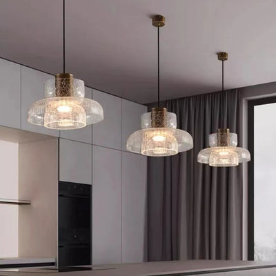 Contemporary Luxury Round Cylinder Crackle Glass Hardware LED Pendant Light For Living Room