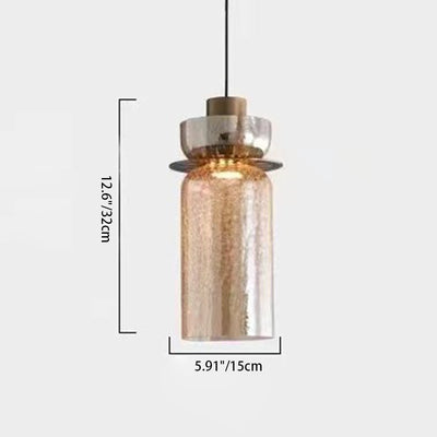 Contemporary Luxury Round Cylinder Crackle Glass Hardware LED Pendant Light For Living Room