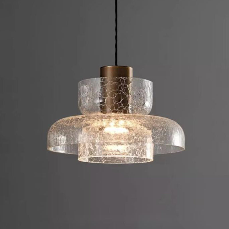 Contemporary Luxury Round Cylinder Crackle Glass Hardware LED Pendant Light For Living Room