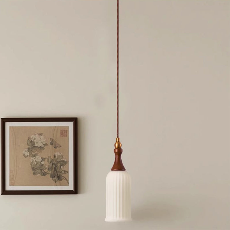 Contemporary Retro Cylinder Striped Glass Solid Wood Metal 1-Light Pendant Light For Bedroom