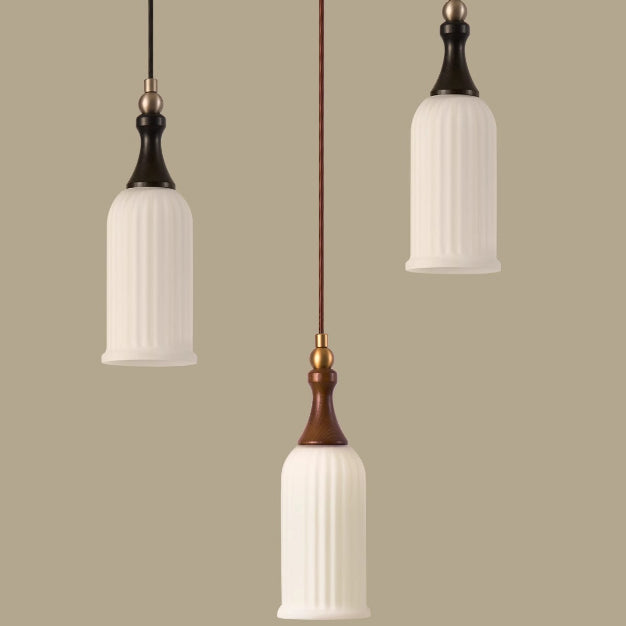 Contemporary Retro Cylinder Striped Glass Solid Wood Metal 1-Light Pendant Light For Bedroom