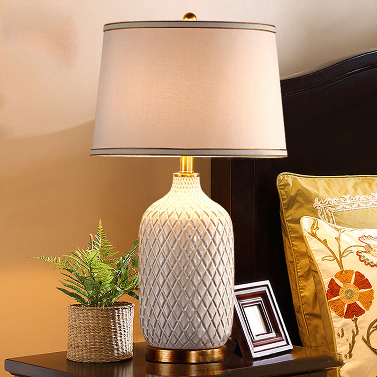 Modern Minimalist Checkered Vase Ceramic Base Cylinder Fabric Cover Metal 1-Light Table Lamp For Bedroom