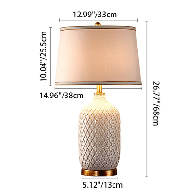 Modern Minimalist Checkered Vase Ceramic Base Cylinder Fabric Cover Metal 1-Light Table Lamp For Bedroom