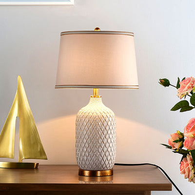 Modern Minimalist Checkered Vase Ceramic Base Cylinder Fabric Cover Metal 1-Light Table Lamp For Bedroom