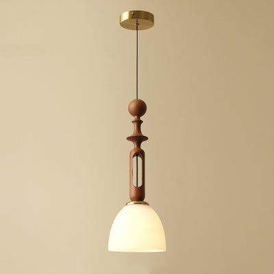 Traditional French Dome Cylinder Hardware Wood Frame Glass Shade 1-Light Pendant Light For Living Room