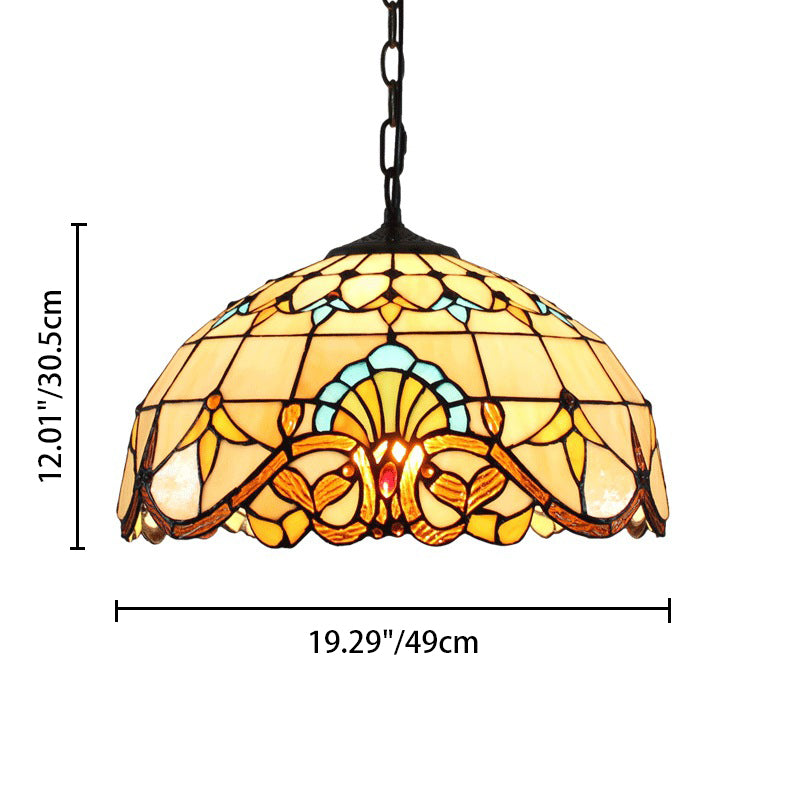 Traditional Tiffany Dome Baroque Flower Stained Glass Shade Iron 1-Light Pendant Light For Living Room