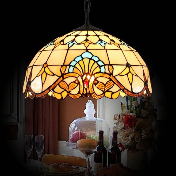 Traditional Tiffany Dome Baroque Flower Stained Glass Shade Iron 1-Light Pendant Light For Living Room