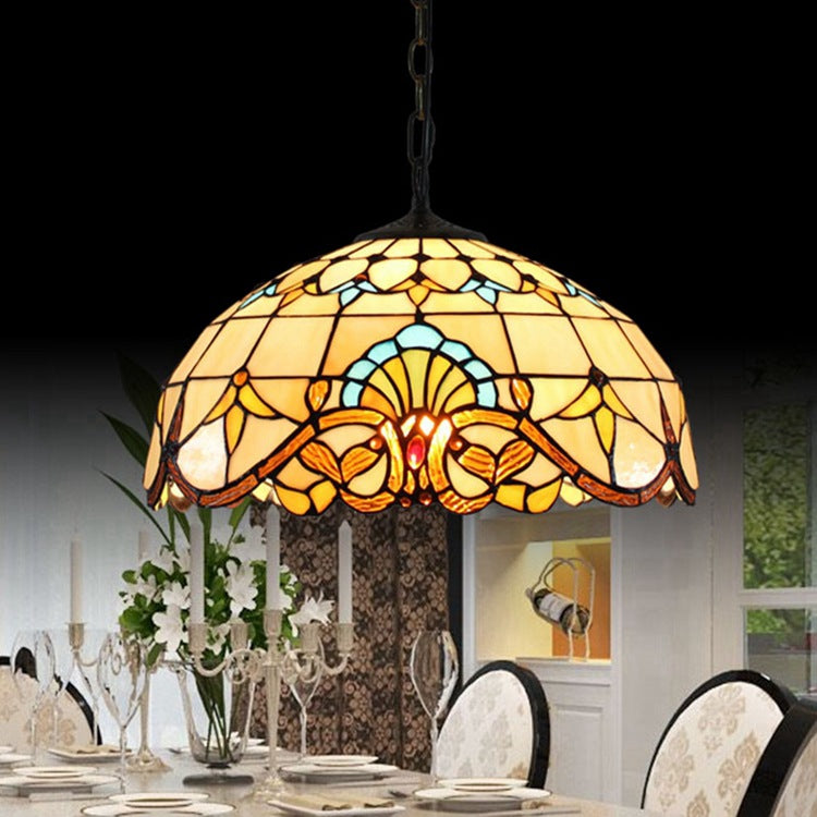 Traditional Tiffany Dome Baroque Flower Stained Glass Shade Iron 1-Light Pendant Light For Living Room