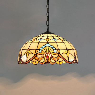 Traditional Tiffany Dome Baroque Flower Stained Glass Shade Iron 1-Light Pendant Light For Living Room