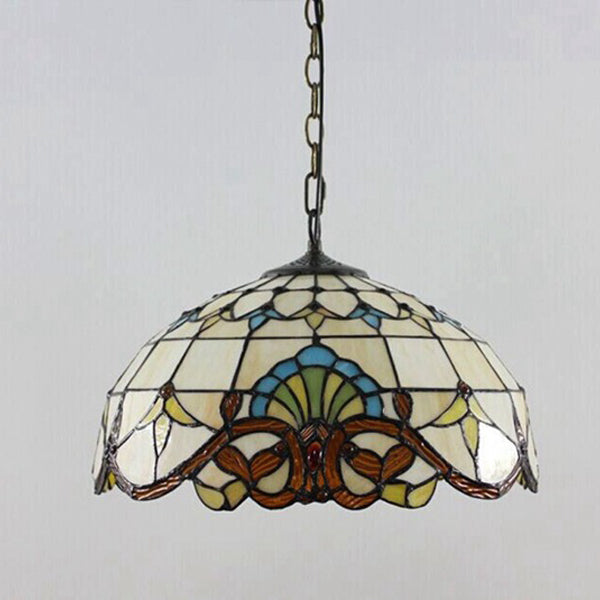 Traditional Tiffany Dome Baroque Flower Stained Glass Shade Iron 1-Light Pendant Light For Living Room