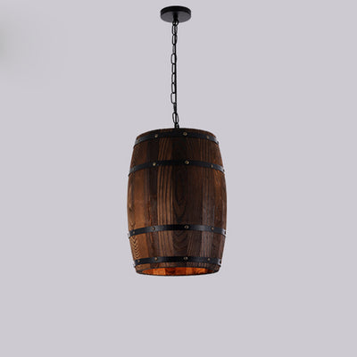 Traditional Rustic Barrel Wood Iron 1-Light Pendant Light For Dining Room