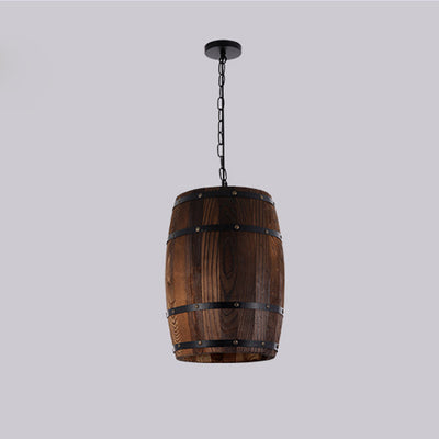 Traditional Rustic Barrel Wood Iron 1-Light Pendant Light For Dining Room