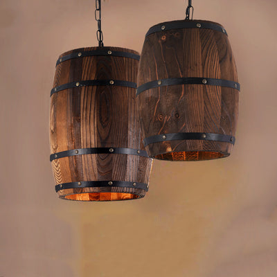 Traditional Rustic Barrel Wood Iron 1-Light Pendant Light For Dining Room