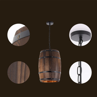 Traditional Rustic Barrel Wood Iron 1-Light Pendant Light For Dining Room