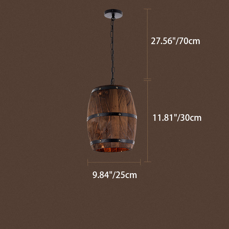 Traditional Rustic Barrel Wood Iron 1-Light Pendant Light For Dining Room