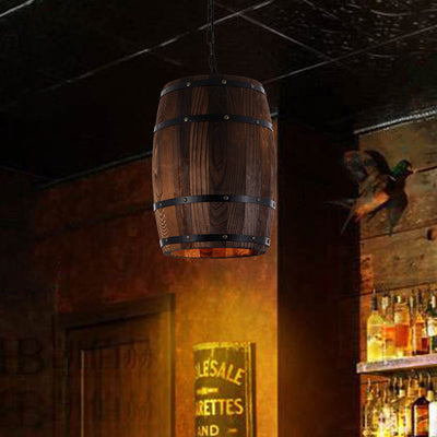 Traditional Rustic Barrel Wood Iron 1-Light Pendant Light For Dining Room