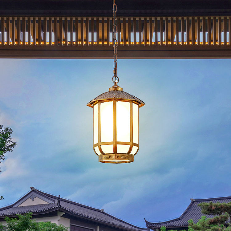 Traditional Chinese Round Lantern Aluminum Iron Glass 1-Light Pendant Light For Outdoor Patio