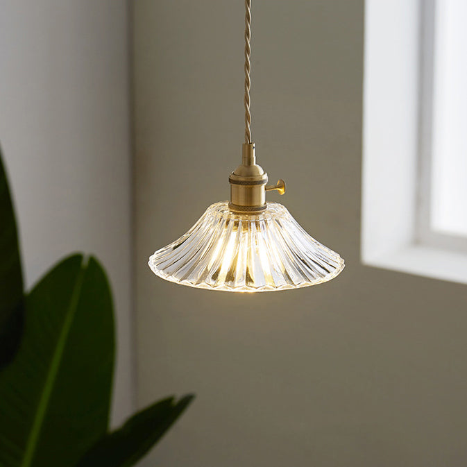 Modern Minimalist Round Flower Cone Brass Glass 1-Light Pendant For Living Room