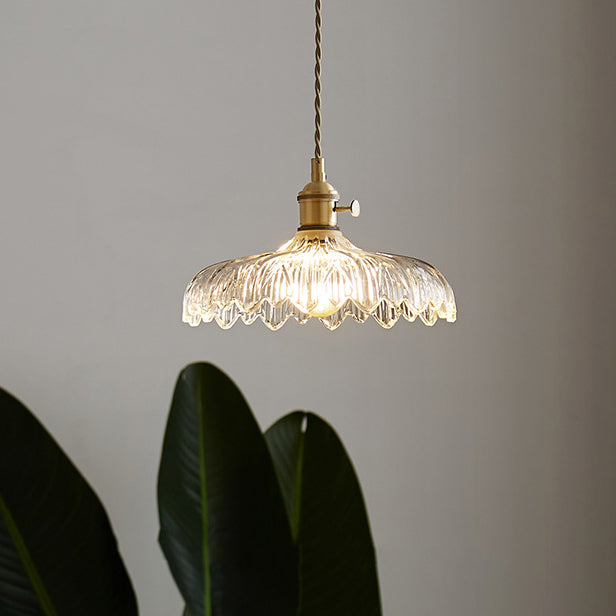 Modern Minimalist Round Flower Cone Brass Glass 1-Light Pendant For Living Room