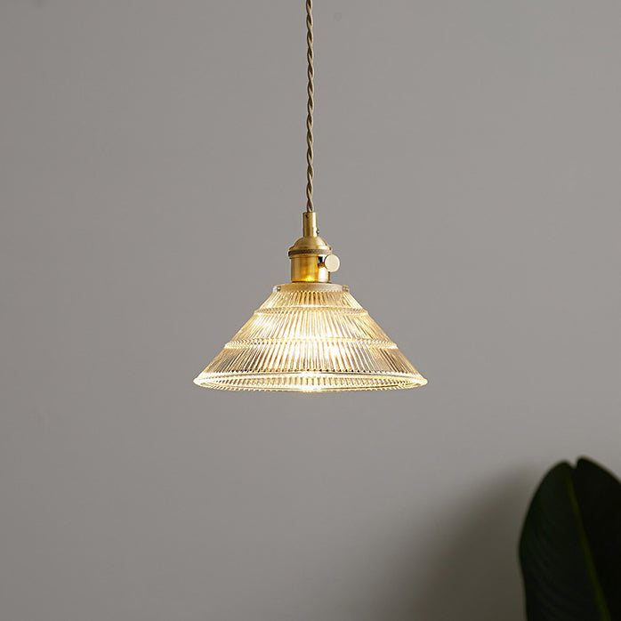 Modern Minimalist Round Flower Cone Brass Glass 1-Light Pendant For Living Room