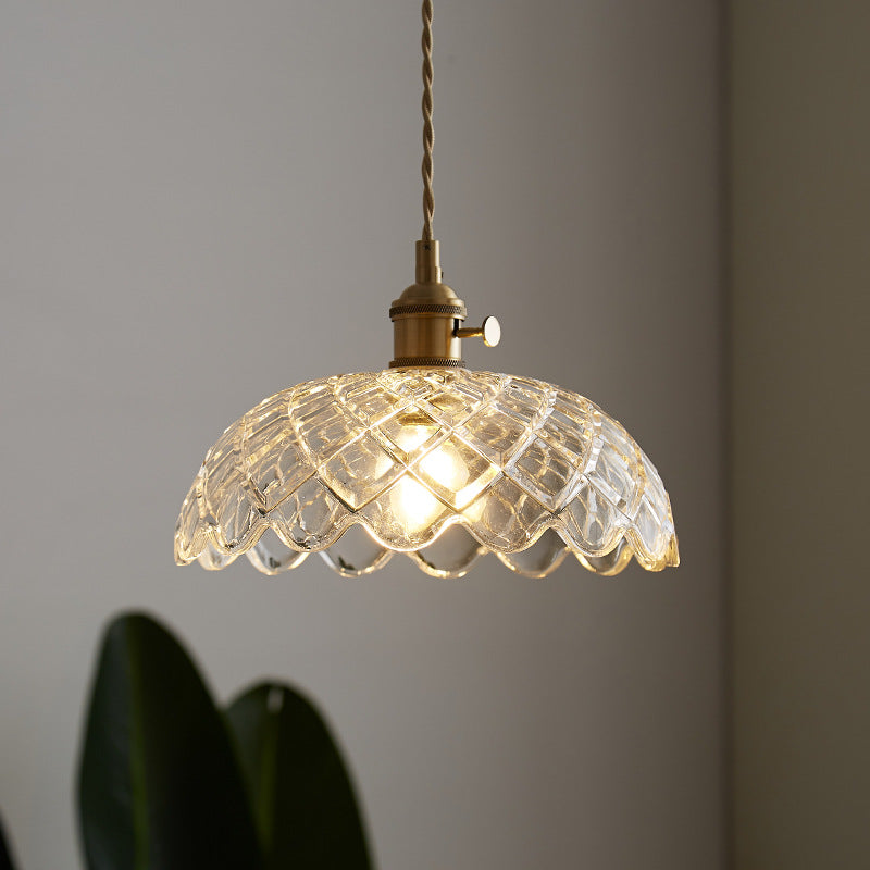 Modern Minimalist Round Flower Cone Brass Glass 1-Light Pendant For Living Room