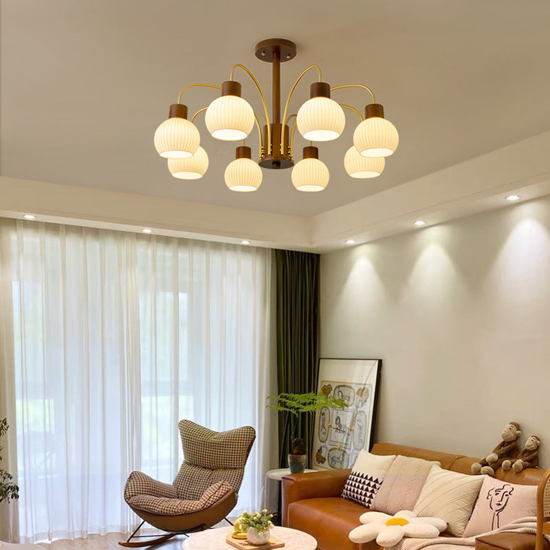 Contemporary Retro Branch Dome Round Iron Solid Wood Frame Glass Shade 6/8 Light Chandelier For Living Room