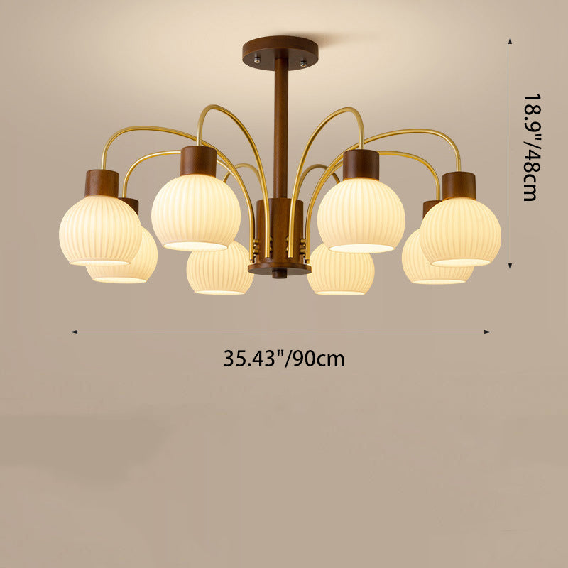 Contemporary Retro Branch Dome Round Iron Solid Wood Frame Glass Shade 6/8 Light Chandelier For Living Room