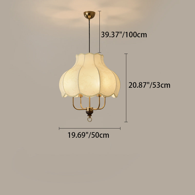 Traditional French Round Flower Shape Solid Wood Iron Frame Fabric 4/5 Light Pendant Light For Living Room