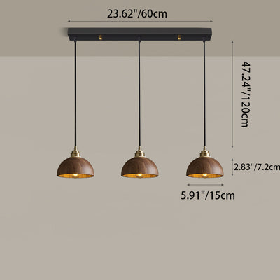 Modern Minimalist Dome Half Round Cylinder Walnut Wood Shade Copper Iron 1/3 Light Island Light Chandelier For Dining Room