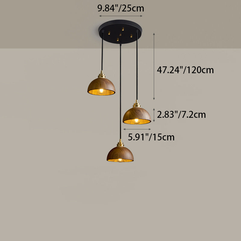 Modern Minimalist Dome Half Round Cylinder Walnut Wood Shade Copper Iron 1/3 Light Island Light Chandelier For Dining Room