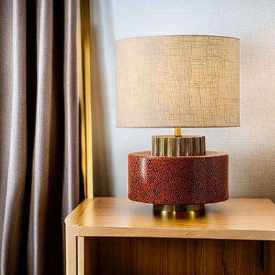 Modern Art Deco Round Cylinder Ceramic Fabric 1-Light Table Lamp For Bedroom