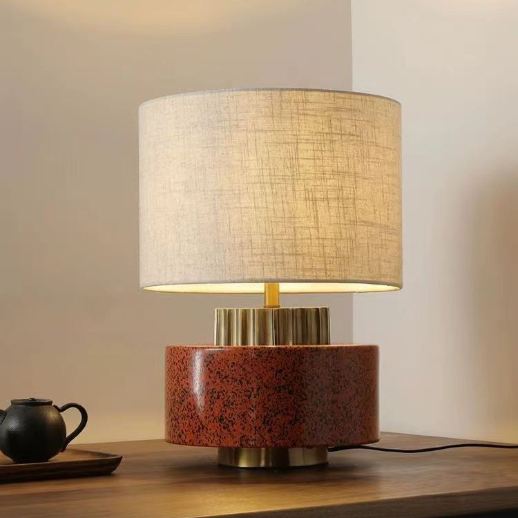 Modern Art Deco Round Cylinder Ceramic Fabric 1-Light Table Lamp For Bedroom