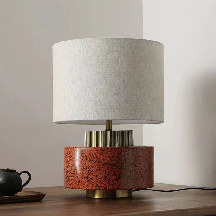 Modern Art Deco Round Cylinder Ceramic Fabric 1-Light Table Lamp For Bedroom