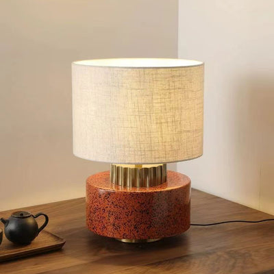 Modern Art Deco Round Cylinder Ceramic Fabric 1-Light Table Lamp For Bedroom