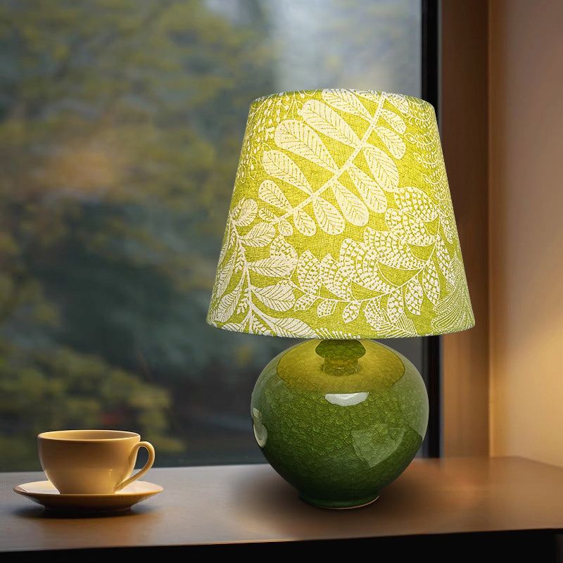 Modern Art Deco Round Vase Ceramic Base Leaf Floral Fabric Shade 1-Light Table Lamp For Living Room