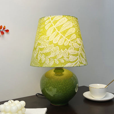 Modern Art Deco Round Vase Ceramic Base Leaf Floral Fabric Shade 1-Light Table Lamp For Living Room