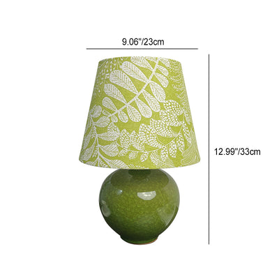 Modern Art Deco Round Vase Ceramic Base Leaf Floral Fabric Shade 1-Light Table Lamp For Living Room