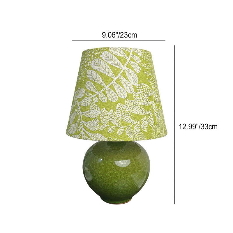 Modern Art Deco Round Vase Ceramic Base Leaf Floral Fabric Shade 1-Light Table Lamp For Living Room