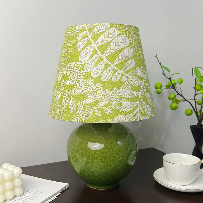 Modern Art Deco Round Vase Ceramic Base Leaf Floral Fabric Shade 1-Light Table Lamp For Living Room