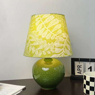 Modern Art Deco Round Vase Ceramic Base Leaf Floral Fabric Shade 1-Light Table Lamp For Living Room