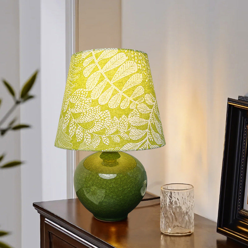 Modern Art Deco Round Vase Ceramic Base Leaf Floral Fabric Shade 1-Light Table Lamp For Living Room